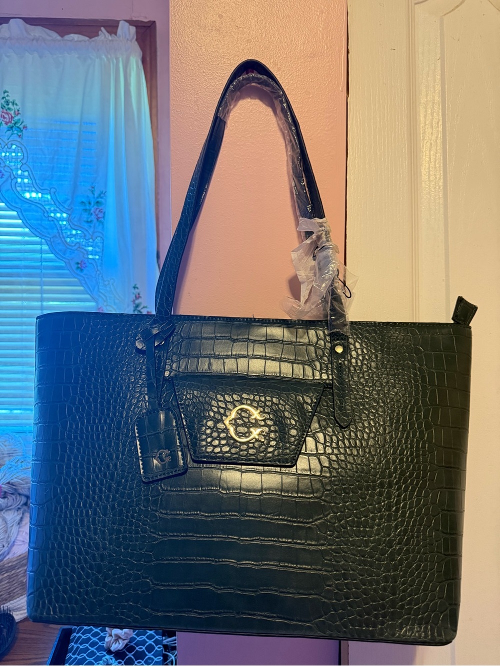 Croc-Embossed Dark Green Tote with Gold Emblem